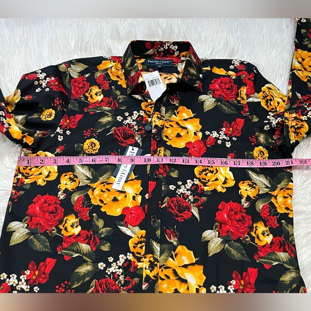 Paisley & Gray Slim Fit Tab Collar Black All Over Print Roses Club Shirt - Picture 12 of 14